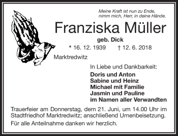 Traueranzeige von Franziska Müller von Frankenpost