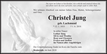 Traueranzeige von Christel Jung von Südthüringer Presse