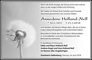 Traueranzeige von Annedore Holland-Nell von Südthüringer Presse