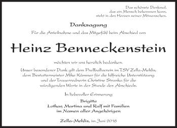 Traueranzeige von Heinz Benneckenstein von Südthüringer Presse