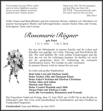Traueranzeige von Rosemarie Rögner von Südthüringer Presse