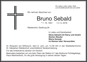 Traueranzeige von Bruno Sebald von Frankenpost