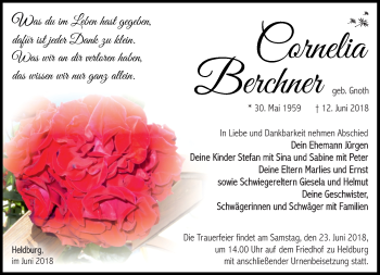 Traueranzeige von Cornelia Berchner von Südthüringer Presse