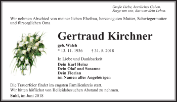 Traueranzeige von Gertraud Kirchner von Südthüringer Presse