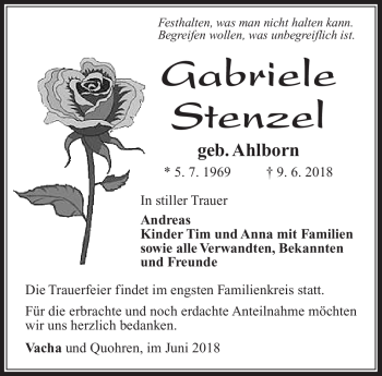 Traueranzeige von Gabriele Stenzel von Südthüringer Presse