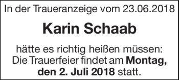 Traueranzeige von Karin Schaab von Südthüringer Presse