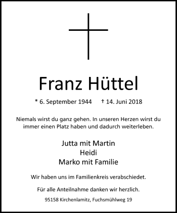 Traueranzeige von Franz Hüttel von Frankenpost