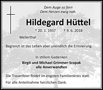 Traueranzeige von Hildegard Hüttel von Frankenpost