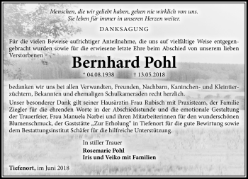 Traueranzeige von Bernhard Pohl von Südthüringer Presse