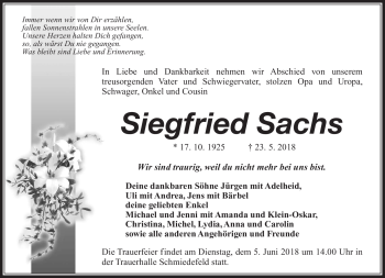 Traueranzeige von Siegfried Sachs von Südthüringer Presse