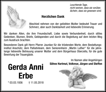 Traueranzeige von Gerda Anni Erbe von Südthüringer Presse