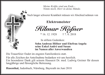 Traueranzeige von Hilmar Höfner von Südthüringer Presse