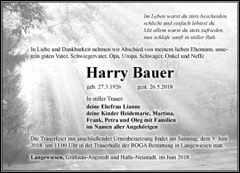 Traueranzeige von Harry Bauer von Südthüringer Presse