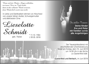 Traueranzeige von Lieselotte Schmidt von Südthüringer Presse