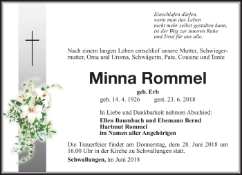 Traueranzeige von Minna Rommel von Südthüringer Presse