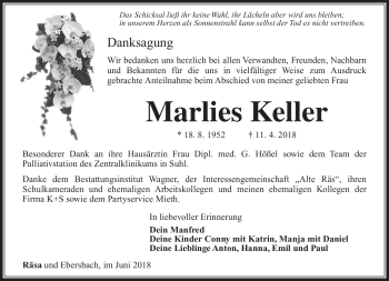Traueranzeige von Marlies Keller von Südthüringer Presse