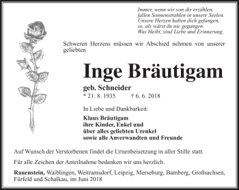 Traueranzeige von Inge Bräutigam von Südthüringer Presse