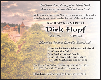 Traueranzeige von Dirk Hopf von Südthüringer Presse