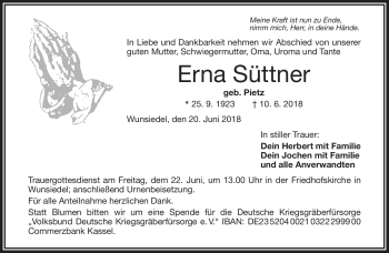 Traueranzeige von Erna Süttner von Frankenpost
