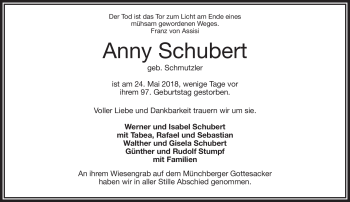 Traueranzeige von Anny Schubert von Frankenpost