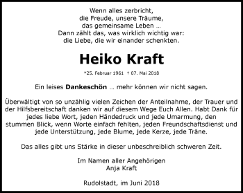 Traueranzeige von Heiko Kraft von Südthüringer Presse