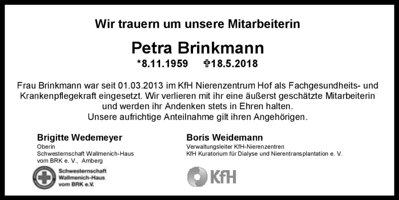 Traueranzeige für Petra Brinkmann vom 06.06.2018 aus Frankenpost