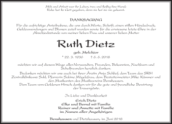 Traueranzeige von Ruth Dietz von Südthüringer Presse