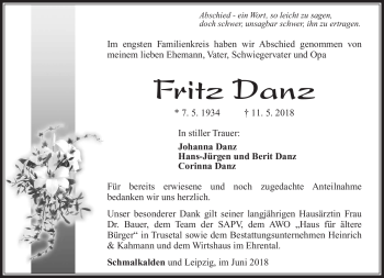 Traueranzeige von Fritz Danz von Südthüringer Presse