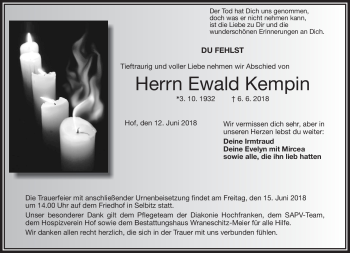 Traueranzeige von Ewald Kempin von Frankenpost