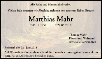 Traueranzeige von Matthias Mahr von Neue Presse Coburg
