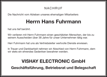 Traueranzeige von Hans Fuhrmann von Frankenpost