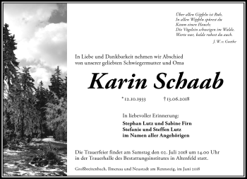 Traueranzeige von Karin Schaab von Südthüringer Presse