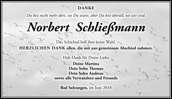 Traueranzeige von Norbert Schließmann von Südthüringer Presse