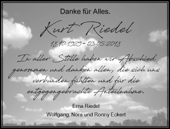 Traueranzeige von Kurt Riedel von Südthüringer Presse