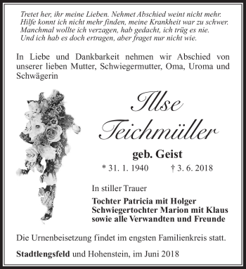Traueranzeige von Illse Teichmüller von Südthüringer Presse