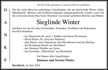 Traueranzeige von Sieglinde Winter von Südthüringer Presse