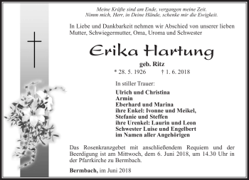 Traueranzeige von Erika Hartung von Südthüringer Presse