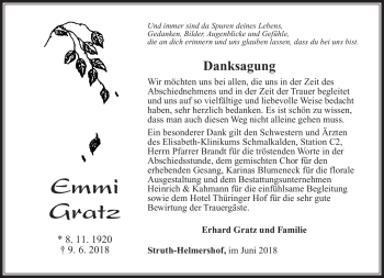 Traueranzeige von Emmi Gratz von Südthüringer Presse