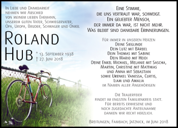 Traueranzeige von Roland Hub von Südthüringer Presse