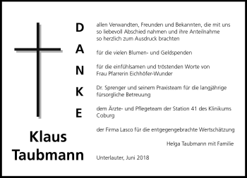 Traueranzeige von Klaus Taubmann von Neue Presse Coburg