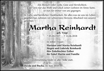 Traueranzeige von Martha Reinhardt von Südthüringer Presse