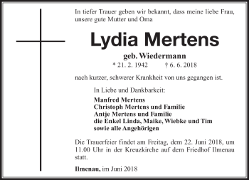 Traueranzeige von Lydia Mertens von Südthüringer Presse