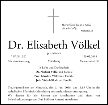 Traueranzeige von Dr. Elisabeth Völkel von Frankenpost