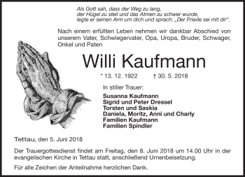 Traueranzeige von Willi Kaufmann von Neue Presse Coburg