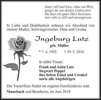 Traueranzeige von Ingeburg Lutz von Südthüringer Presse