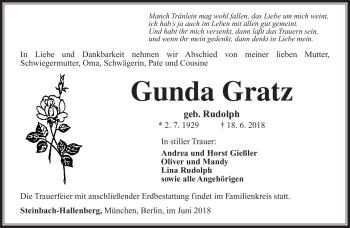 Traueranzeige von Gunda Gratz von Südthüringer Presse