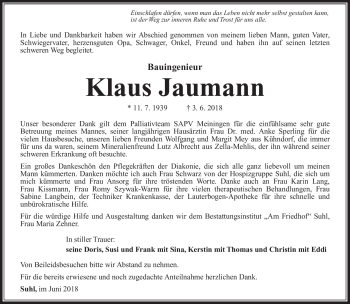 Traueranzeige von Klaus Jaumann von Südthüringer Presse