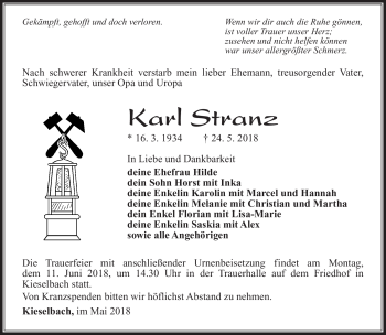 Traueranzeige von Karl Stranz von Südthüringer Presse