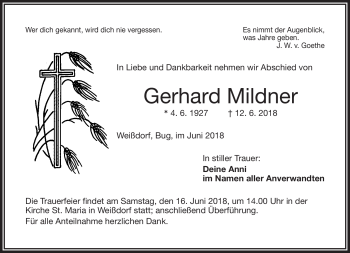 Traueranzeige von Gerhard Mildner von Frankenpost