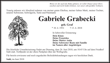 Traueranzeige von Gabriele Grabecki von Südthüringer Presse